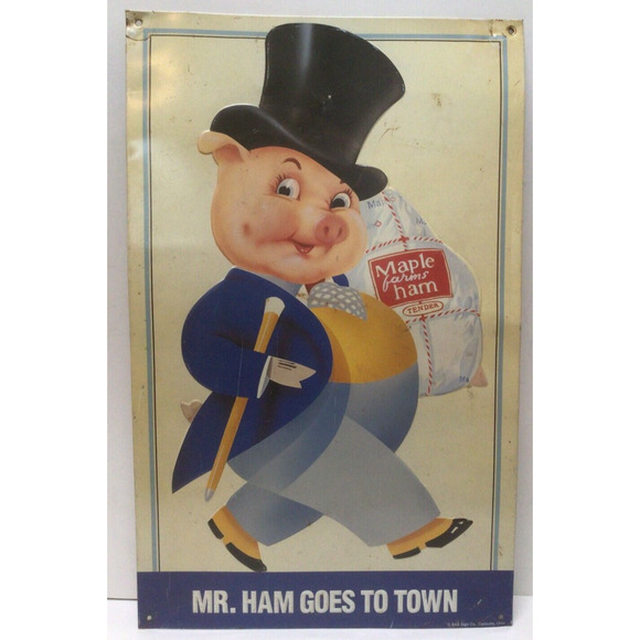 Vintage 1993 AAA Sign Mr. Ham Goes To Town Metal Meat Pig Advertising 19